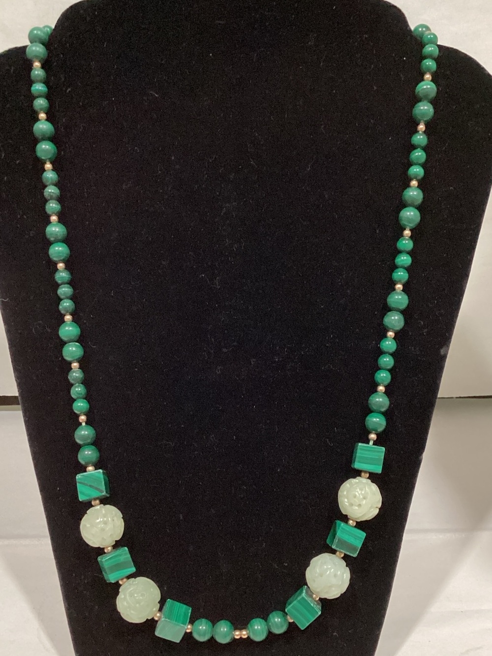 Green Bead and Carved Accent Necklace
